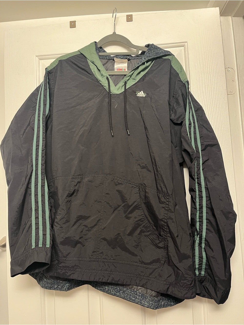 adidas Kids Black Pullover Windbreaker with Green Stripes